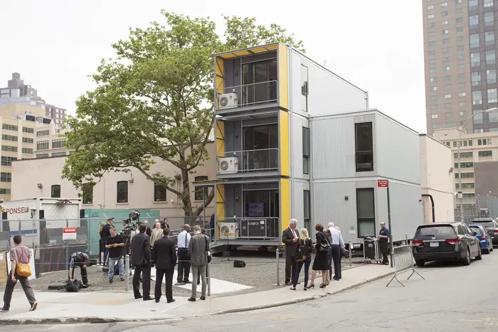 An exterior shot of the Office of Emergency Management's "Urban Post-Disaster Housing Prototype Program" in Brooklyn Heights- these units are meant to be quickly shipped and assembled to house people after a disaster like Hurricane Sandy.<br/>